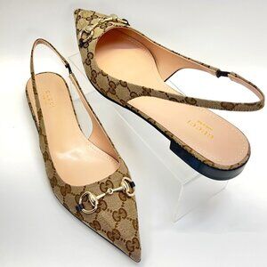 Gucci Monogram Slingback Flats Beige Brown Women Pointed Toe Shoes Size 40.5